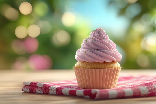Pink frosted cupcake with sprinkles on red checkered napkin, sunny vibe.