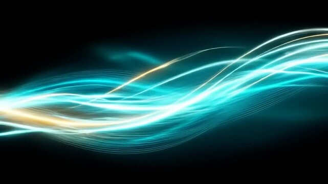 Abstract design featuring turquoise and gold light trails in flowing, wave-like patterns against a dark background.