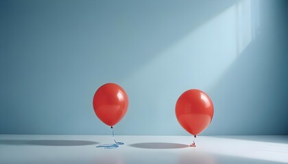 Two red balloons floating against a light blue wall with shadows.
