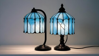 Two Tiffany-style lamps with blue stained glass shades on a white surface.