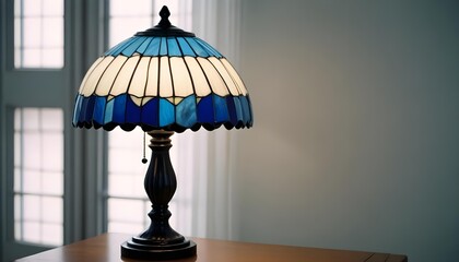A beautiful Tiffany-style lamp sits on a wooden table, casting a warm glow.