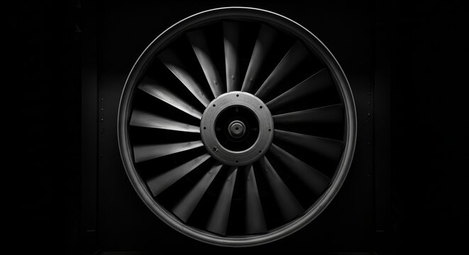 Powerful industrial fan blades spinning in dramatic monochrome lighting