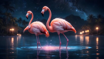 Flamingos in a serene lake at night