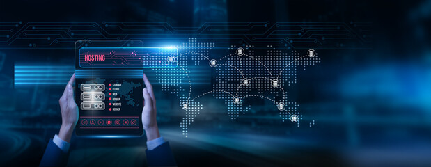 Technician holding a tablet with hosting data on the screen: web server application deployment cloud infrastructure website monitoring performance optimization uptime scalability digital services.