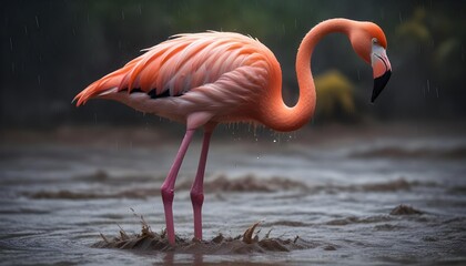 Flamingo wading in water under the rain