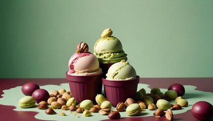 Delicious ice cream scoops with various toppings and nuts on a colorful background.