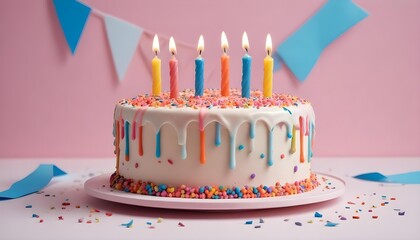 Festive birthday cake with lit candles and colorful decorations.