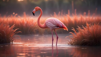 Flamingo Standing Gracefully in Calm Water at Sunset
