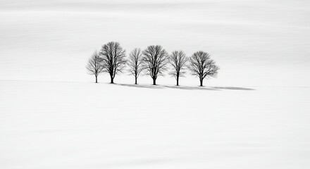 Stark winter trees stand in a silent, snow-covered landscape casting long shadows
