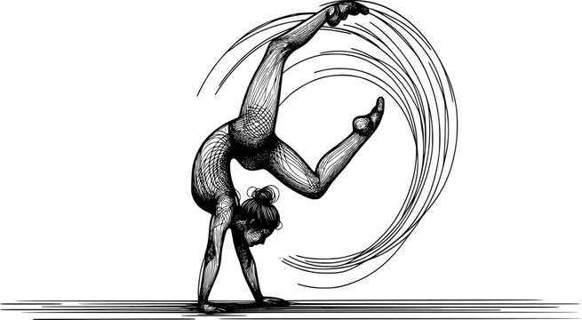 Gymnast Back Handspring Linear Silhouette Black and White Vector, Minimalist Sports Illustration
