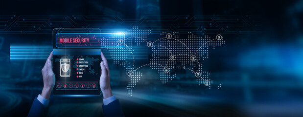 Specialist holding a tablet with mobile security data on the screen, threat detection app protection encryption monitoring secure communication device safety, and digital defense solutions.