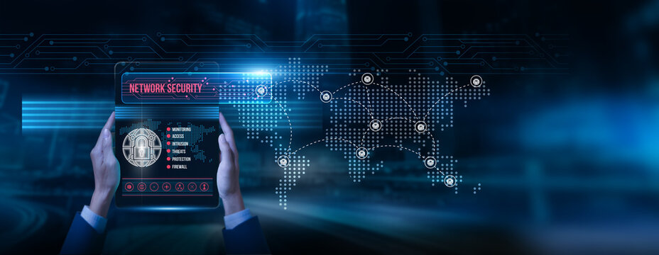 Analyst holding a tablet with network security data on the screen: firewall protection, intrusion detection, vulnerability monitoring, secure access, digital defense system governance, and safety.