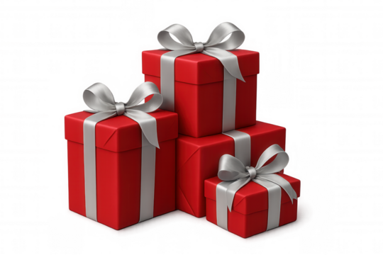 Red gift boxes with silver ribbons stacking for celebration and special occasion offering, on transparent background