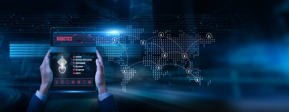 Engineer holding a tablet with robotics data on screen automation systems smart machines industrial applications digital innovation process efficiency future technology advancement, and growth. - Powered by Adobe