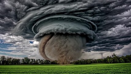 A huge destructive supercell tornado touches down on a green field under dark stormy clouds this dramatic weather event shows nature power and climate risk - Powered by Adobe
