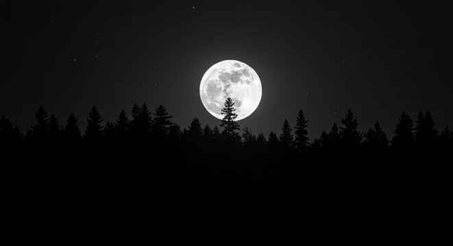 Full moon illuminates dark forest silhouette under starry night sky - Powered by Adobe