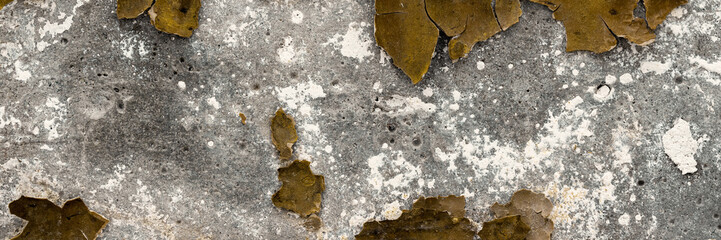 Peeling paint on the wall. Panorama of a concrete wall with old cracked flaking paint. Weathered rough painted surface with patterns of cracks and peeling. Wide panoramic grungy texture for background