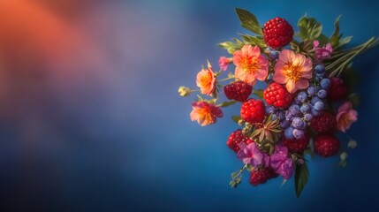 Colorful bouquet of berries and flowers on a blue background