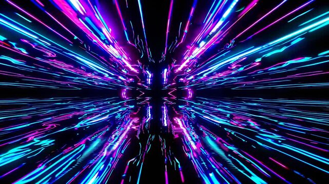 Flying through a futuristic hyperspace tunnel of blue pink neon lights shows high speed data travel this abstract background represents future technology VR flight