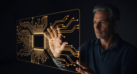 Engineer interacting with holographic CPU circuit board interface
