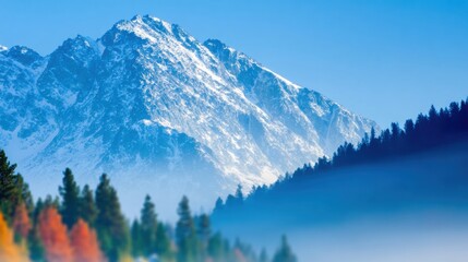 Snowy mountain peak rises above a forest under a clear blue sky