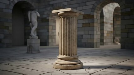 Ancient fluted column standing prominently in a classical stone hall with arches and a statue in the background, bathed in soft light. - Powered by Adobe