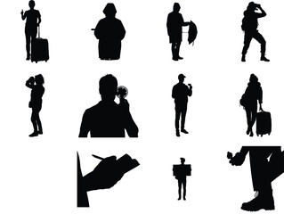 Diverse group of people silhouettes showcasing various activities like travel photography writing and holding signs against a white background