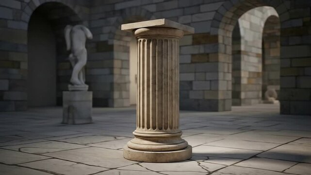 Ancient fluted column standing prominently in a classical stone hall with arches and a statue in the background, bathed in soft light.