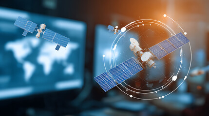 Satellites in orbit with digital interface displaying global connectivity and technological network visualization