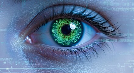Obraz premium Captivating Green Eye Close-Up A Glimpse into Futuristic Digital Vision and Human Connection