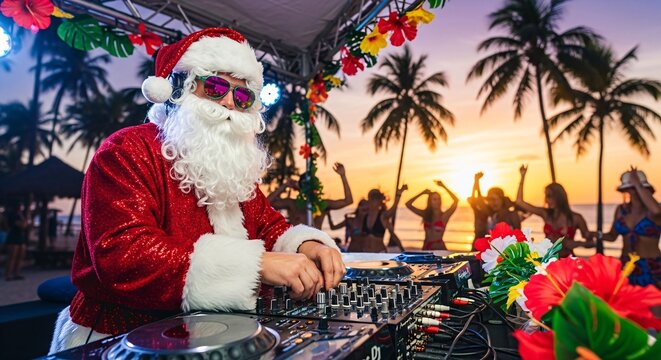 Santa Claus DJ Mixing Music on Tropical Beach at Sunset Christmas in Paradise Celebration