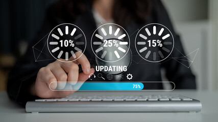 A concept of a system update and software installation. A progress bar and loading icons showing the update percentage and status. Motif