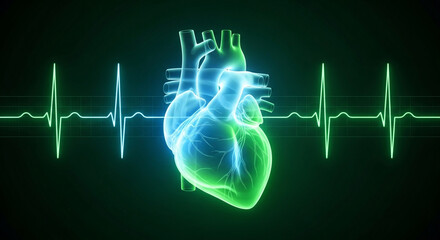 Human heart with electrocardiogram, medical technology concept illustration