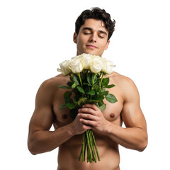 Man holding a bouquet of white roses with eyes closed enjoying the fragrance of flowers