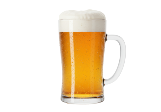 Isolated glass mug of frothy golden ale lager beer cold light clear close refreshment fresh