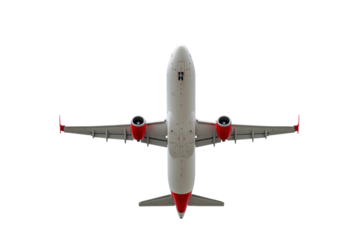 Isolated airplane underside with engines, flying high above, aircraft in flight from below