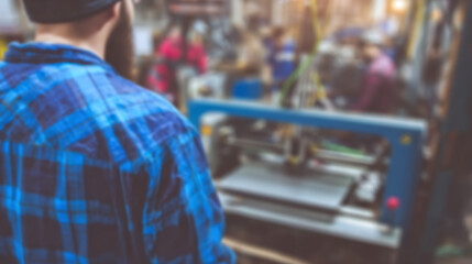 Worker in plaid shirt operating machinery in a busy industrial workshop