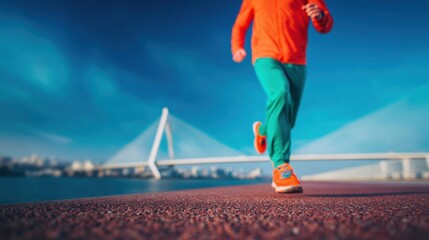 Brightly dressed runner on marina path under a clear blue sky
