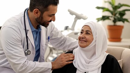 A doctor with a stethoscope talks to a woman in white attire, the doctor observing her closely. The woman responds as the doctor assures support in a medical setting.