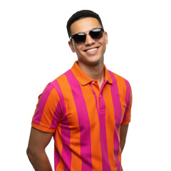 Smiling man wearing striped polo shirt and sunglasses outdoors