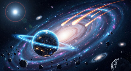 Fantastic space scene with planet, galaxy, comets and asteroids field