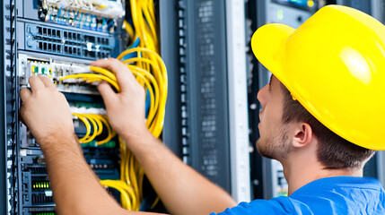 Technician working on network cables in server rack