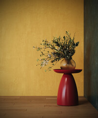 Beautiful plant in glass vase on red side table on yellow wall background with copy space. Modern interior design. 3D Rendering, 3D Illustration