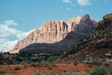 Stunning Zion National Park Rock Formations Against a Beautiful Blue Sky