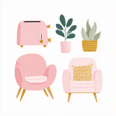 A set of illustrations in a cute rounded style using a striking pink and gold color palette for a toaster an armchair and a plant., isolate on white background