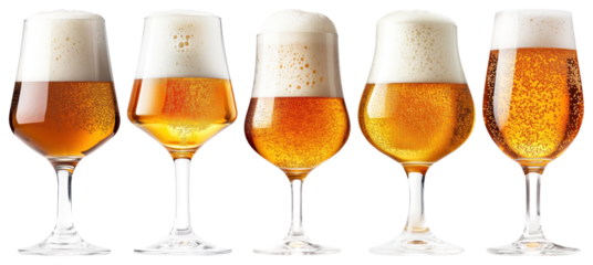 PNG Five frothy beer glasses, element set on transparent background