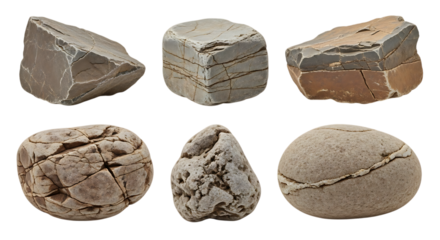 Six different textured rocks with cracks and layers
