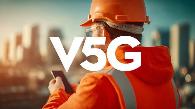 Construction worker wearing hard hat and safety vest uses smartphone with city skyline in background, highlighting V5G technology