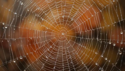 Spider web with dew drops glistening against blurred autumn foliage, macro close-up, high clarity, background texture.