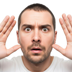 Man with wide eyes and hands raised in a gesture of surprise or fear